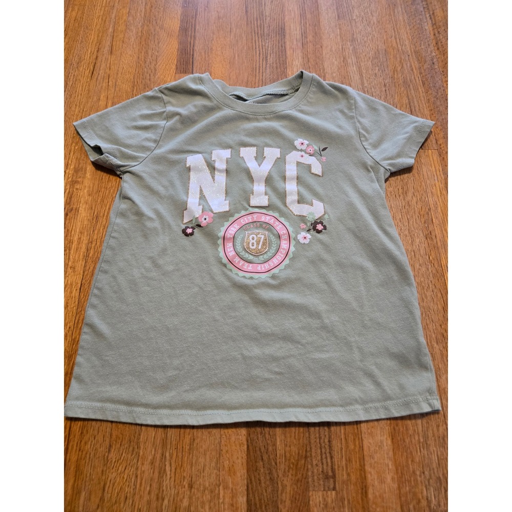 Btween Girl 8 Sage Green NYC Championship Class of 87 Graphic Floral Glitter Tee